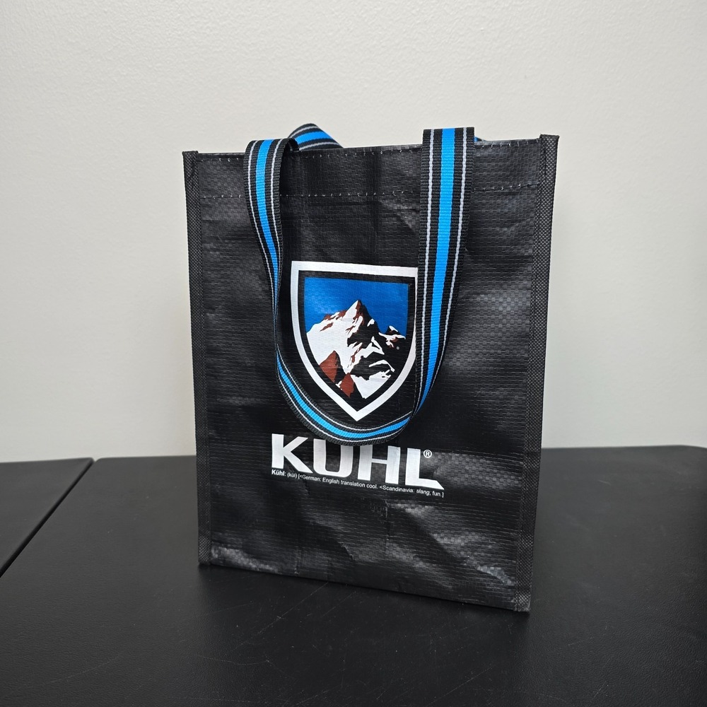 Kuhl Reusable Tote Travel Bag Black Blue Adventure Mountain Logo Outdoors 10"x8"